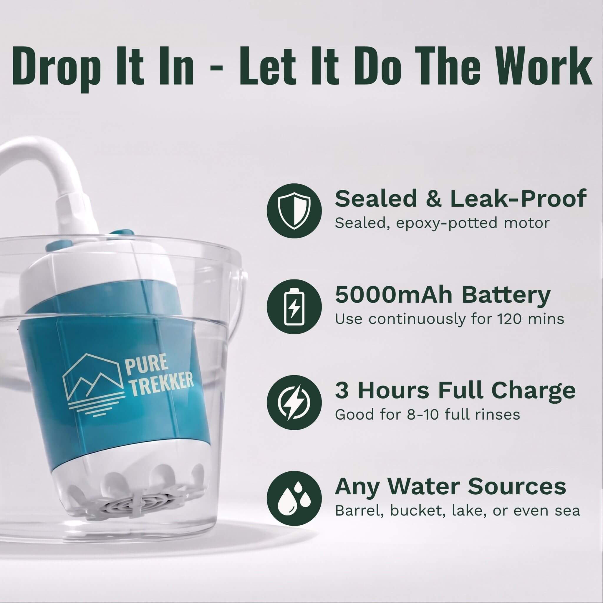 PureTrekker Portable Trail Shower — Rechargeable Camp Shower Pump